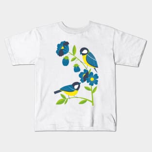 great tit on blue bells flowers Kids T-Shirt